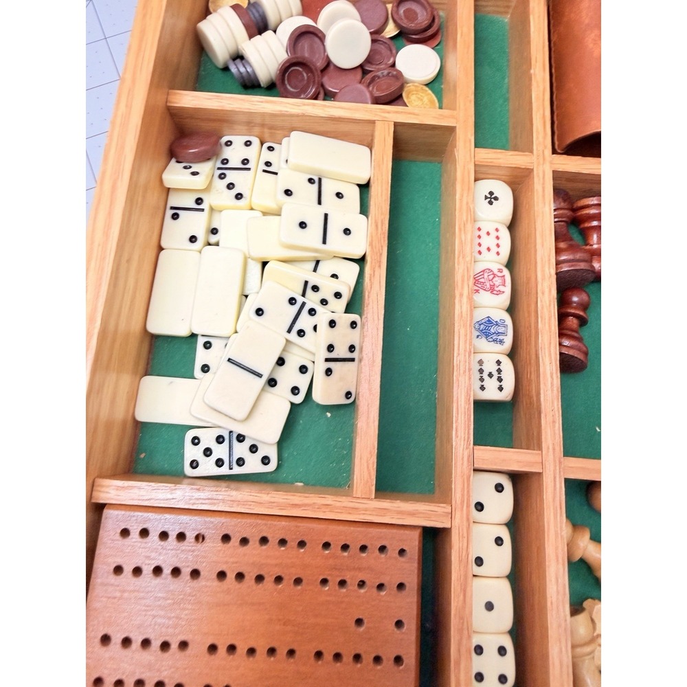 Vintage Wooden 5-in-1 Combo Game Set Chess Backgammon Cribbage Dominoes Checkers - Picture 9 of 12